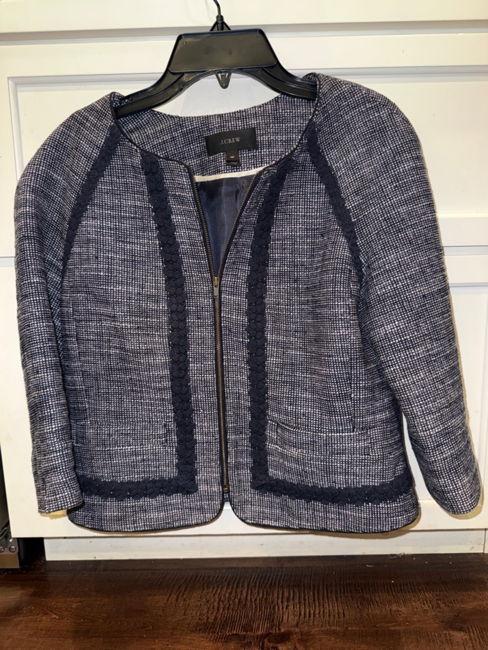 J. Crew Navy and White Cotton  Tweed Zip-Front Cropped Blazer